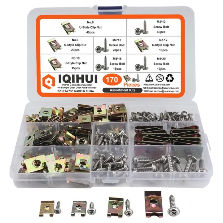 IQIHUI 170 piezas Kit surtido de tuercas y tornillos para clip de coche 12 #   10 #   8 #   6 #   Sujetadores de clips en U automáticos de 4 tamaños para embellecedor interior del tablero del parachoques - 1
