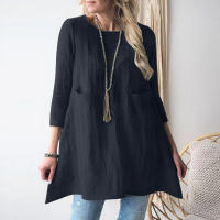 Tops sueltos de manga corta con cuello redondo para mujer, bolsillo de algodón y lino, nuevo - details 9