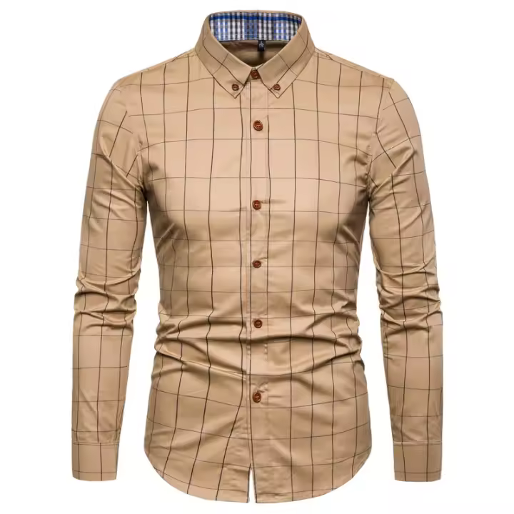 Camisa de algodón para hombre, camisa de manga larga a cuadros, informal, de negocios, ajustada, para oficina, 1311 - 1