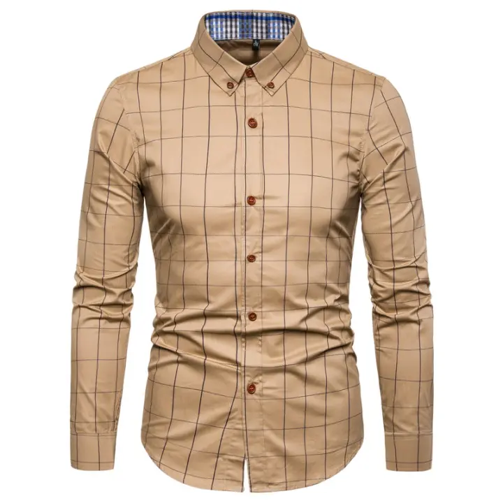 Camisa de algodón para hombre, camisa de manga larga a cuadros, informal, de negocios, ajustada, para oficina, 1311 - 1