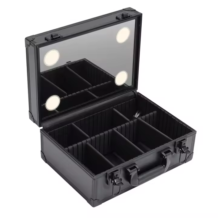 Estuche grande para maquillaje, caja organizadora de cosméticos con luces y espejo, estuche de maquillaje con divisores personalizados, negro - 1