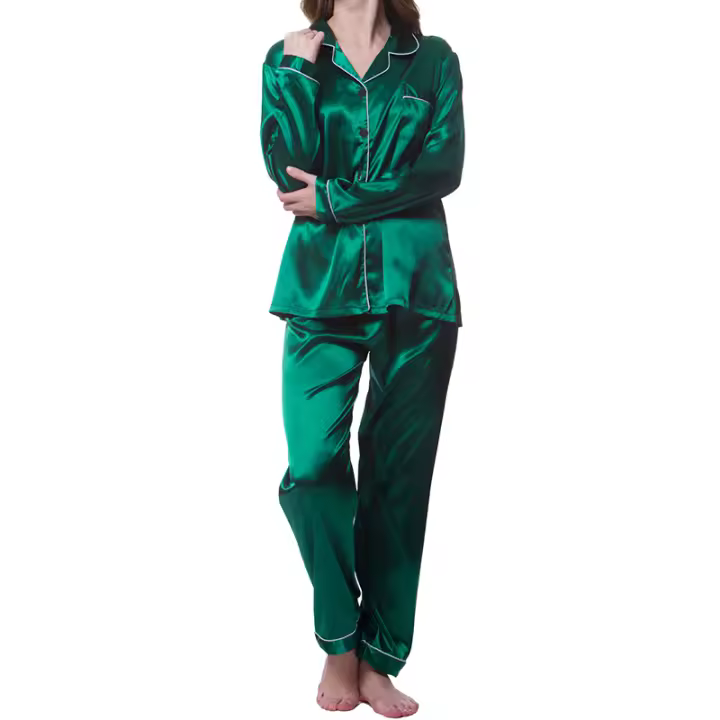 Conjunto de Pijama de Sátén para Mujer Top de Camisa con Manga Larga y Pantalones Elásticos - 1