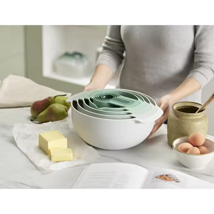 Juego de 9 piezas apilables, cuencos para mezclar, con bol grande y pequeño, colador y 5 tazas medidoras, Opal - Acero inoxidable - 1