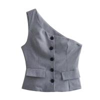 BUNO-moda disimetría chaleco sin mangas para mujer 2024 verano elegante de un solo pecho con bolsillos chalecos grises última novedad - details 1