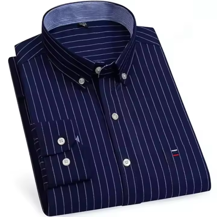 Camisas de algodón Oxford a cuadros informales y versátiles para hombre, con un solo bolsillo, manga larga, ajuste estándar, con botones, a rayas de guingán, 7XL, 6XL - 1