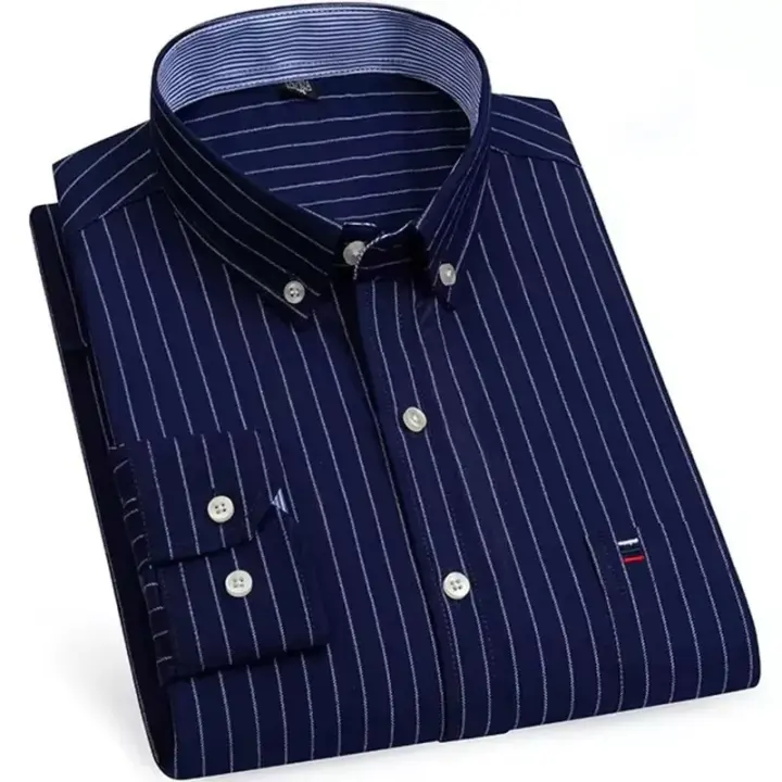 Camisas de algodón Oxford a cuadros informales y versátiles para hombre, con un solo bolsillo, manga larga, ajuste estándar, con botones, a rayas de guingán, 7XL, 6XL - 1