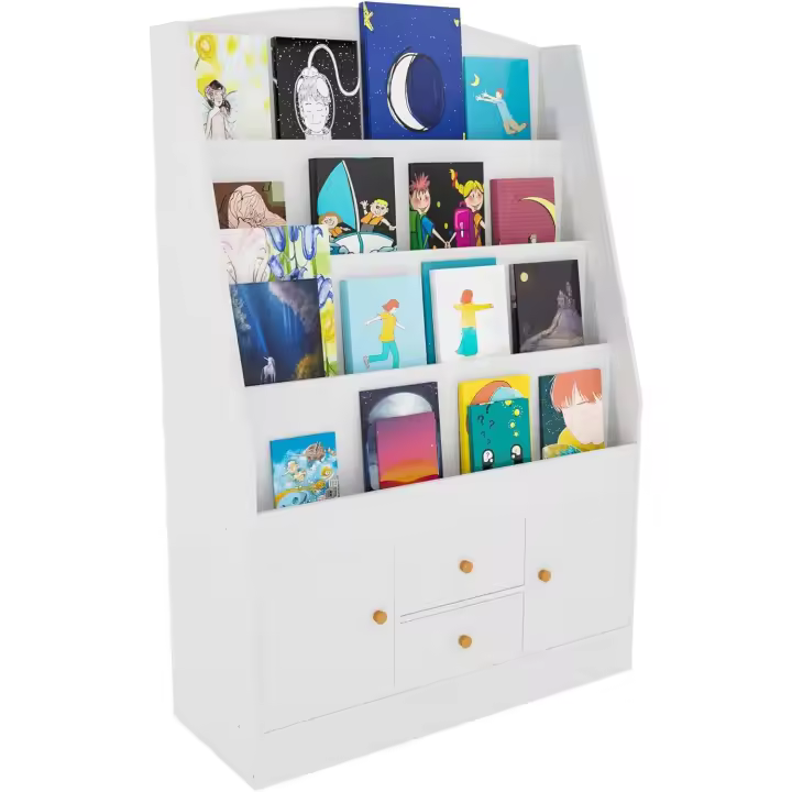 Librería Infantil Luray con 4 Estantes, 2 Cajones y 2 Compartimentos Laterales I Librería De Madera Moderna, Color:Blanco - 1
