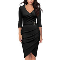 Elegante dama profundaVVestido con cuello y cinturón Vestido de fiesta plisado de manga larga ajustado de longitud media - details 8
