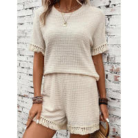 Conjunto de dos piezas con textura de ribete Tael, versátil, sencillo, de Color sólido, novedad de verano para mujer - details 3