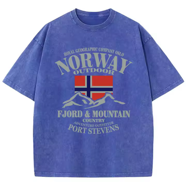 Camiseta de Verano Norway Estampado de Montaña de Fiordo Cuello Redondo de Algodón Talla Grande - 1