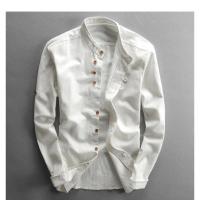 Camisa Casual de Algodón y Lino Estilo Japonés para Hombre Top Clásico Transpirable con Manga Larga y Cuello Alto Color Sólido Harajuku - details 1