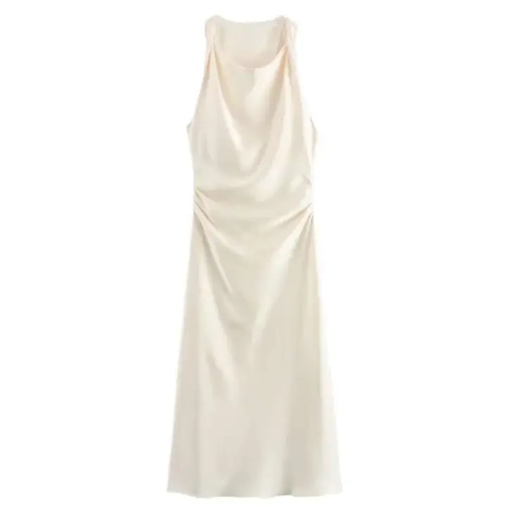 TRAF 2024 vestido Midi de satén fruncido para mujer, vestido largo sin mangas de verano para mujer, vestidos de fiesta elegantes plisados - 1