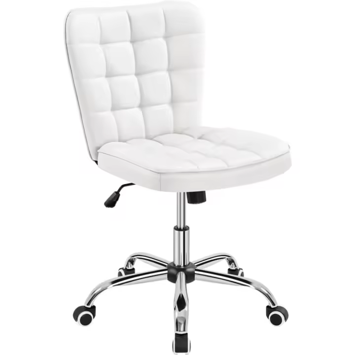 Silla de Oficina de Cuero PU Ergonómica Base de Metal Blanco Ruedas Hogar y Oficina - 1