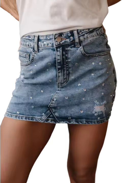 Falda Mini de Cintura Alta Distress de Elrachen Brillante con Diamantes de Imitación Azul Atlántico - 1
