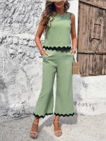 Conjuntos de verano sin mangas para mujer, trajes de 2 piezas, Tops con pantalones, Verde S - details 5