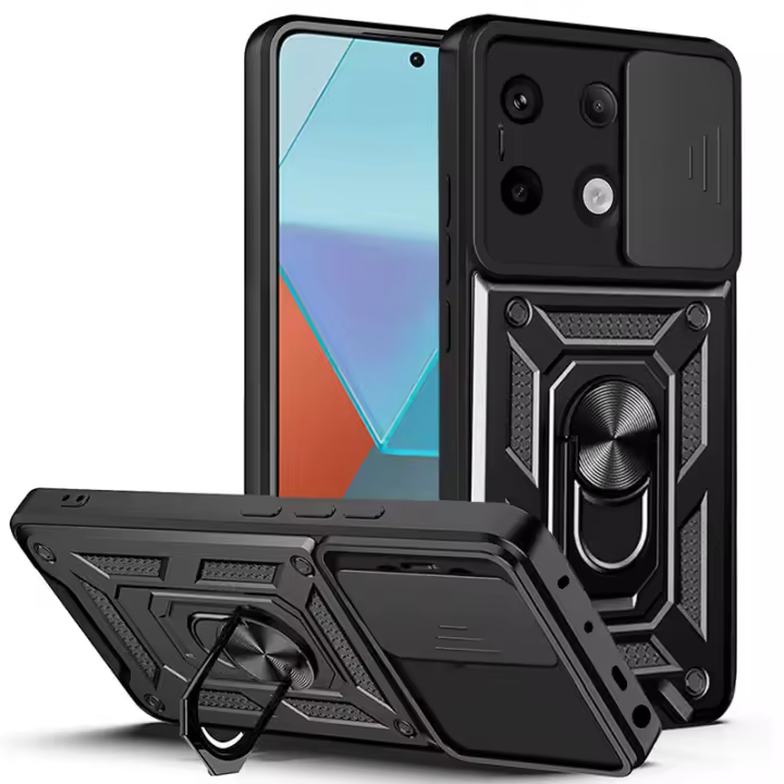 Funda de teléfono para Xiaomi Poco X6 5G, soporte de anillo de armadura, cubierta de lente deslizante trasera, protección a prueba de golpes, carcasa dura - 1