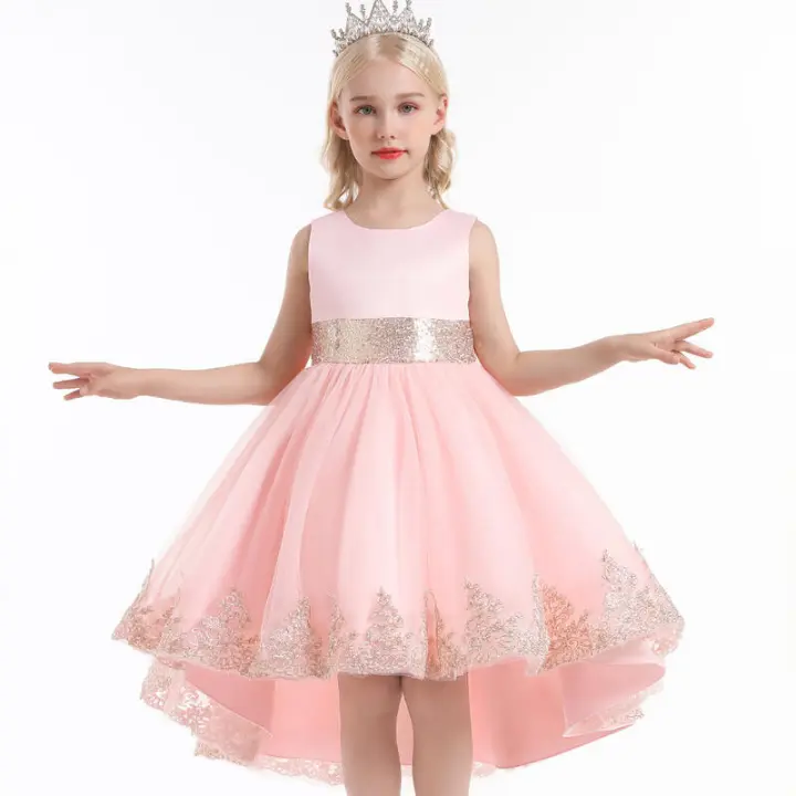 Vestido de niña elegante y moderno para princesa, con cola de malla y flores, ideal para presentaciones de piano. - 1