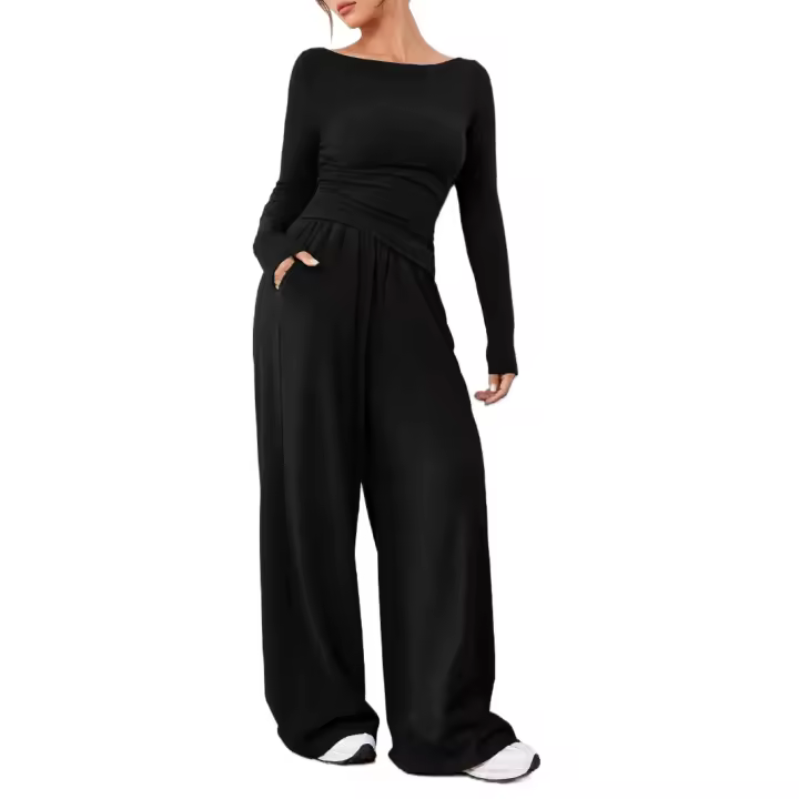 Trajes europeos y americanos de color sólido de manga larga pantalones anchos casuales ropa de mujer de dos piezas de moda - 1