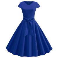 Women summer vintage with belt short sleeve v neck elegant retro swing party dresses - details 45