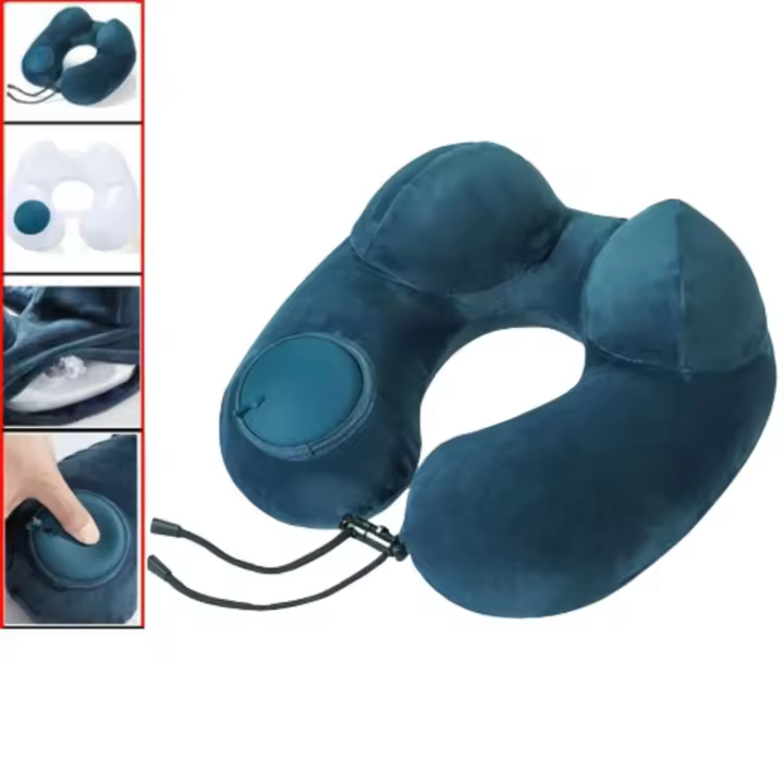 Almohada de viaje inflable en forma de U, cojín de soporte para el cuello plegable suave, presión manual con bolsa de almacenamiento, prensa para inflar la almohada - 1