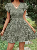 Vestido de manga corta con cuello en V y lazo floral de cintura alta estilo francés de verano para mujer - details 8
