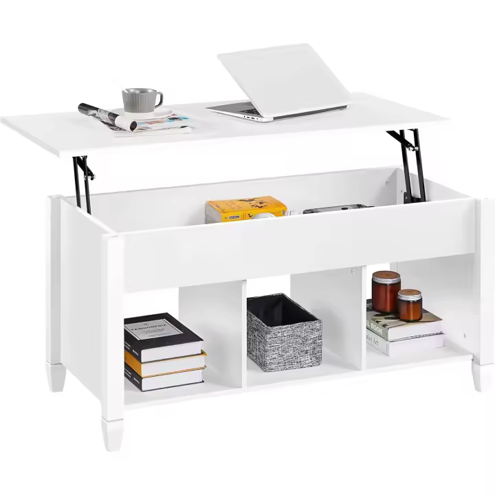 Mesa de Centro Elevable con Cajón Mesa de Café para Salón de Estilo Moderno con Patas de Madera Maciza 104,5 x 49,5 x (49-63) cm Blanco - 1