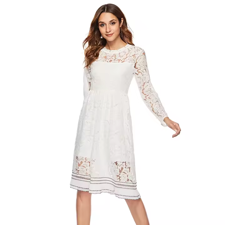 ENKA2025 Vestido de talla grande con empalme de cáñamo y manga larga de encaje dulce de primavera falda acampanada - 1