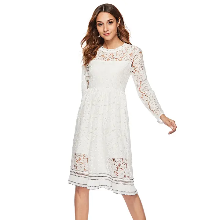 ENKA2025 Vestido de talla grande con empalme de cáñamo y manga larga de encaje dulce de primavera falda acampanada - 1