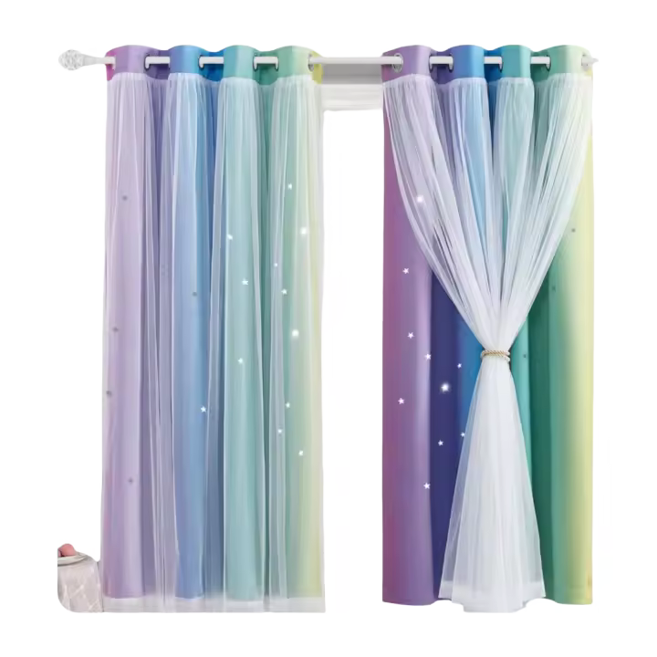 Cortinas Infantiles Opaqueras Térmicas Aislantes de Frío y Calor Cortinas de Ventanas Cortas Dobles con Estrellas Huecas y Gasa de Red 2 Piezas, 132x160 cm, Arco Iris Oscuro - 1