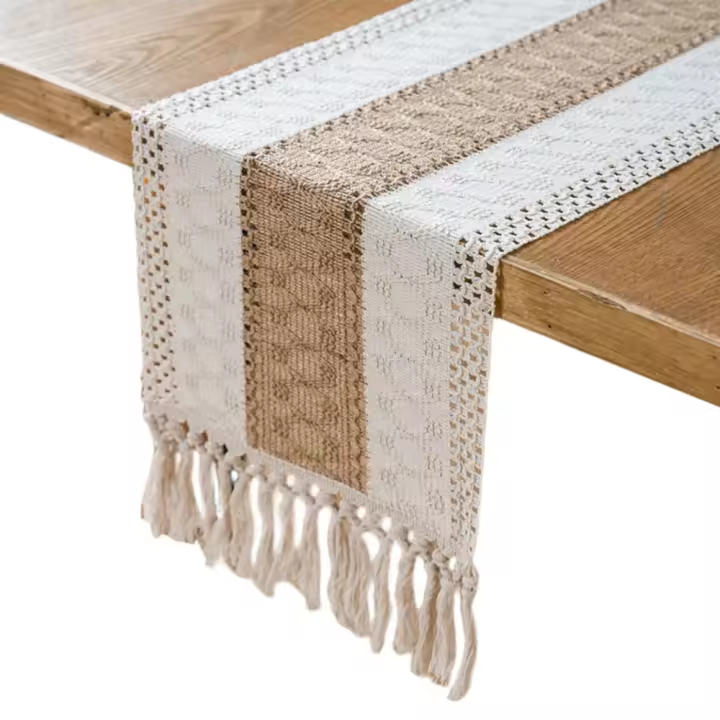Camino de Mesa con Borlas Beige Caqui Decorativo Rectangulares Estilo Bohemio Moderno Comedor Hogar Boda Cocina - 1