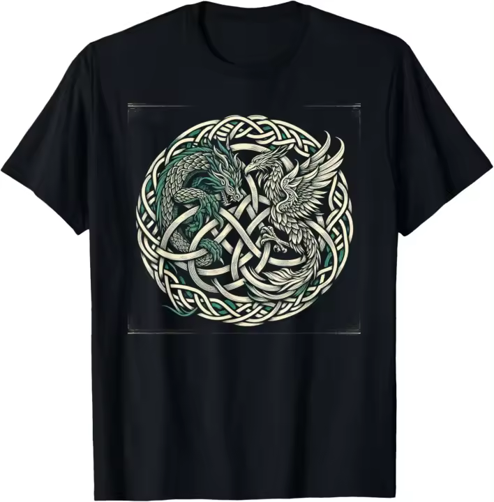 Camiseta con nudo celta intrincado con dragón y fénix - 1