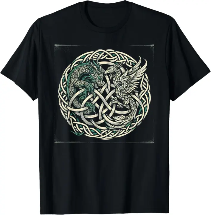 Camiseta con nudo celta intrincado con dragón y fénix - 1