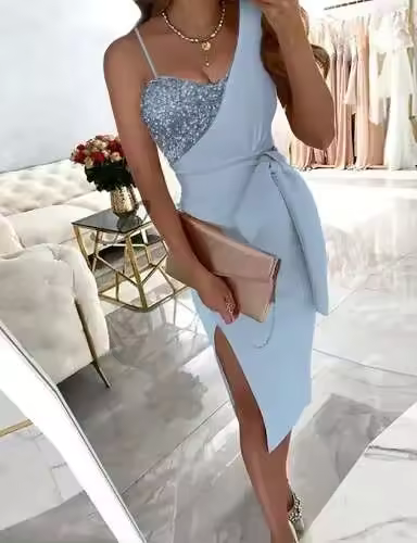Vestido de Lentejuelas de Un Hombro de Primavera-Verano 2024 Vestido de Cintura Alta de Una Pieza con Lentejuelas de Color Sólido - 1