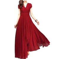 Gran oferta, vestido de noche largo bohemio de Color sólido con manga corta y cuello en V, cintura ajustada - details 13