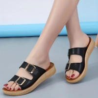 Women Double Buckle Strap Flat Slides Casual Open Toe Non Slip Wear-resistant Shoes Outdoor Beach Slides - details 2