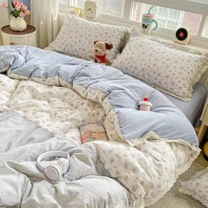 Juego de edredón suave de cuatro piezas con borde de algodón de grado bebé clase A, ropa de cama lavable a máquina fresca, juego floral de tres piezas - 1