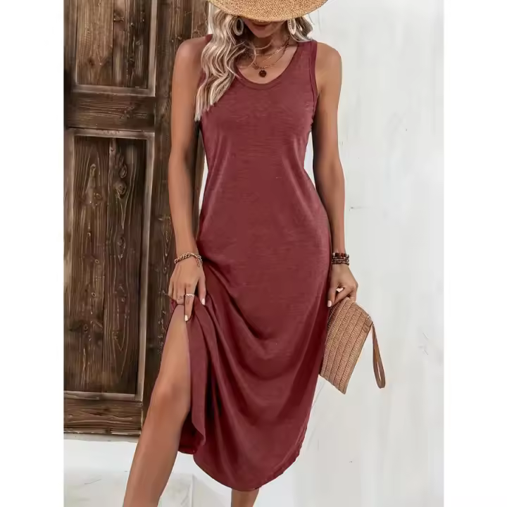 Vestido de punto midi y largo sin mangas con cuello en V y abertura para mujer, verano 2025 - 1