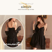 Mujer sexy V profunda pecho bajo más almohadilla para el pecho perspectiva de malla liga camisón bata conjunto de ropa de estar - details 1
