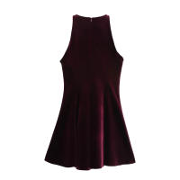 TRAFZA-Vestidos de fiesta lisos de cintura alta para mujer, Vestido corto plisado sin mangas con cuello redondo, minifalda de terciopelo a la moda, verano - details 5
