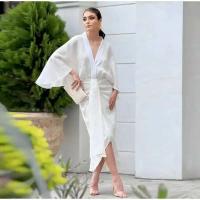 Elegante Vestido Medio de Pliegue Sólido Cuello en V, Mangas Acolchadas, Largo para el Verano 2024 - details 12