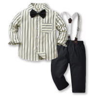 Conjunto de Niños de Estilo Coreano para Otoño Camisa de Algodón a Rayas de Varios Colores con Pantalones de Tirantes Moda de Playa para Mujeres - details 5