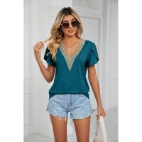 BUNO-2025 Camiseta holgada de manga corta con cuello en V para mujer, Top informal de encaje de Color puro, camiseta holgada cómoda y transpirable para verano - details 2