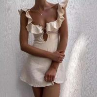 Verano ahueca hacia fuera el botón volantes corto sexy cuello en V sin mangas color sólido nueva vacaciones playa algodón en mini vestido - details 1