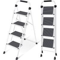 Escalera Plegable 4 Peldaños, Escalera de Tijera con Pedales Antideslizantes Anchos, Barandilla, Escalón Taburete de Acero Portátil Uso Hogar Cocina Oficina, Carga hasta 150 kg, Blanco - details 0