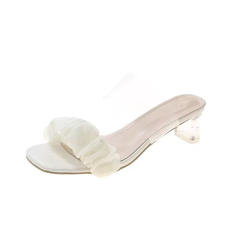 Nuevo estilo de hadas transparente tacón grueso cabeza cuadrada zapatillas frescas plisadas zapatillas de tacón alto de verano mujer - 1