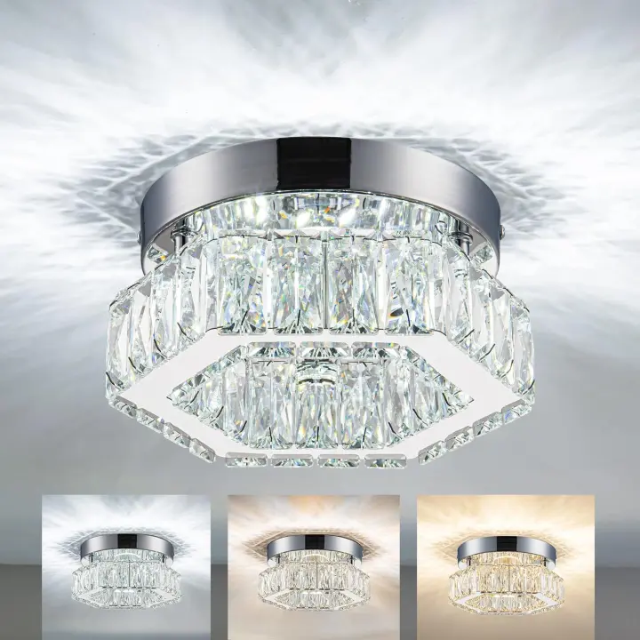 Lámpara de techo de cristal LED hexagonal-GOECO-26*23*11CM cromo atenuación tricolor con cuentas de lámpara en el medio - 1