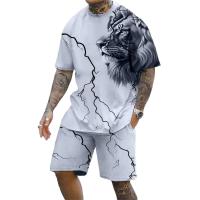 Camiseta de manga corta con cuello redondo, conjunto de pantalones cortos de moda con estampado de León en 3D, conjunto de 2 piezas de deportes de verano para hombres - details 0