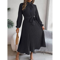 Elegante vestido corto de otoño invierno para mujer, con cuello alto, mangas plisadas y falda larga. - details 39