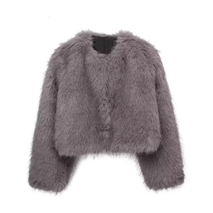 TRAFZA-cárdigan de manga larga con efecto de piel sintética para Mujer, abrigo corto informal con cuello redondo, color gris, para invierno
