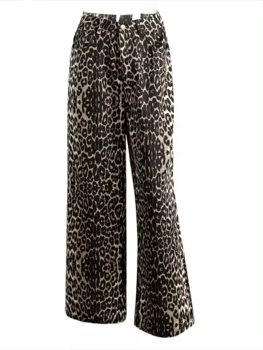 Pantalones anchos de cintura alta con estampado de leopardo, sueltos, cómodos y de alta calidad. - 1